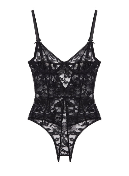 Black Magnolia Lace Ouvert Bodysuit | Fleur du Mal
