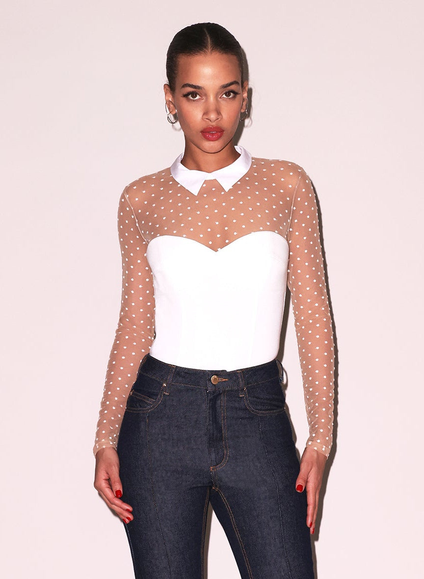 Ivory Collared Bodysuit with Dotted Tulle | Fleur du Mal