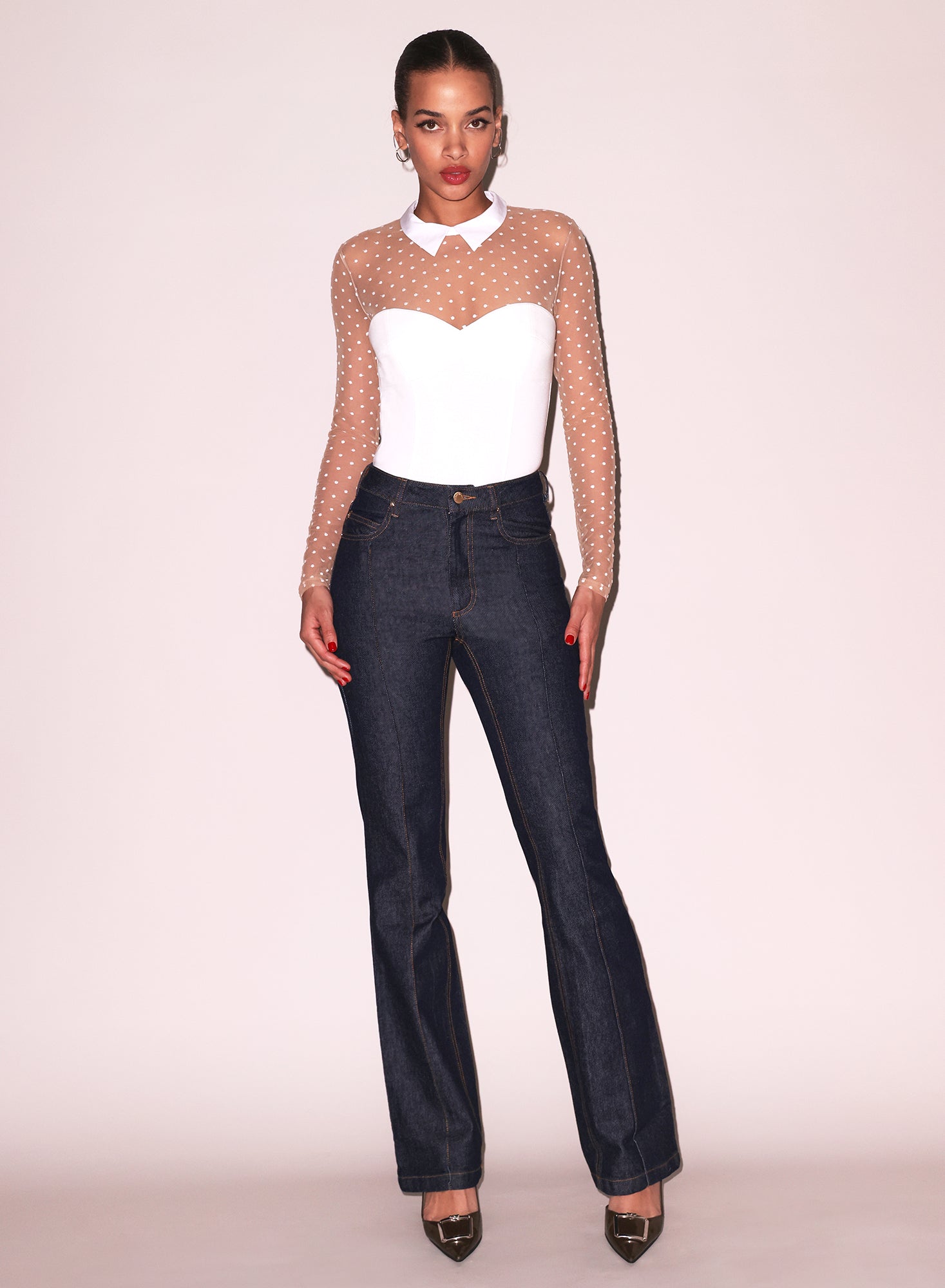 Ivory Collared Bodysuit with Dotted Tulle | Fleur du Mal