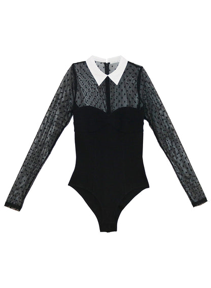 Black Collared Bodysuit with Dotted Tulle | Fleur du Mal