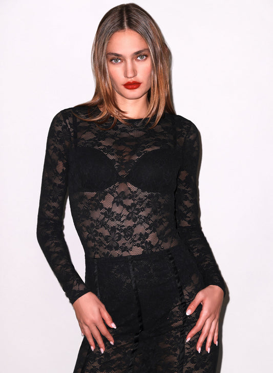 Black Le Stretch Lace Long Sleeve Bodysuit | Fleur du Mal