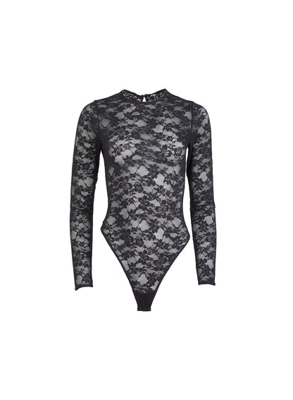Black Le Stretch Lace Long Sleeve Bodysuit | Fleur du Mal