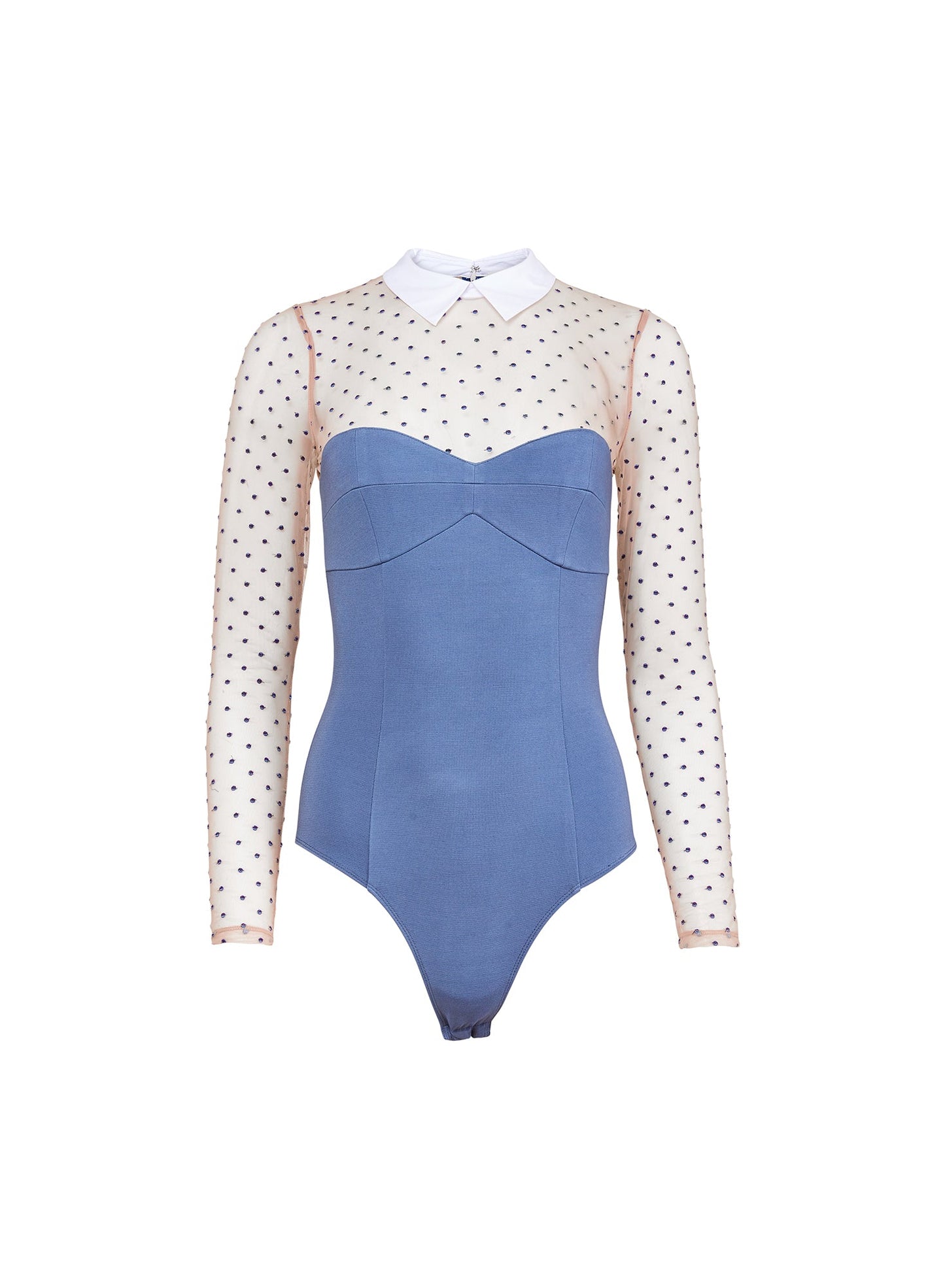 Blue Haze Collared Bodysuit with Dotted Tulle | Fleur du Mal