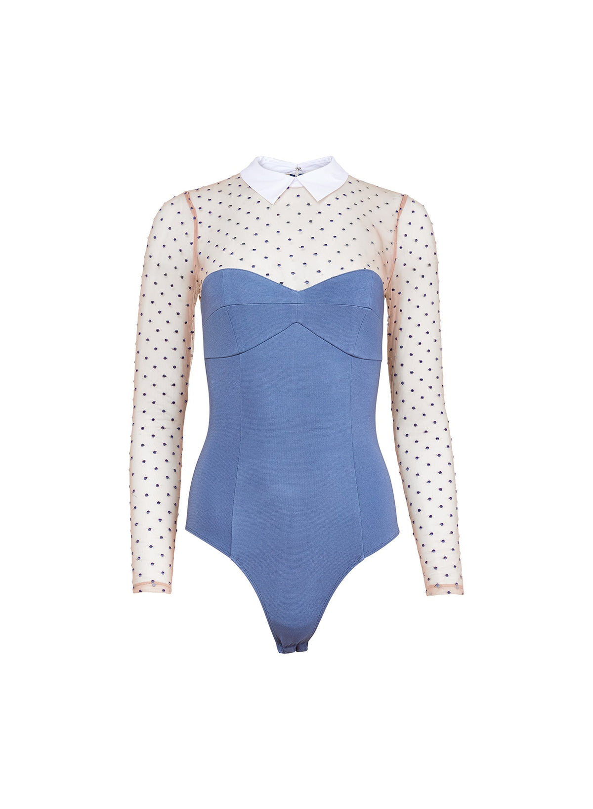 Blue Haze Collared Bodysuit with Dotted Tulle | Fleur du Mal