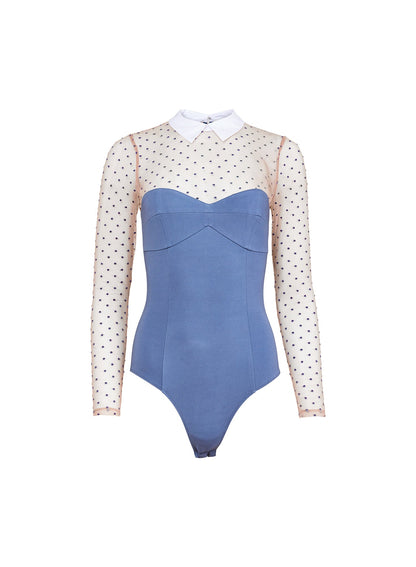 Blue Haze Collared Bodysuit with Dotted Tulle | Fleur du Mal