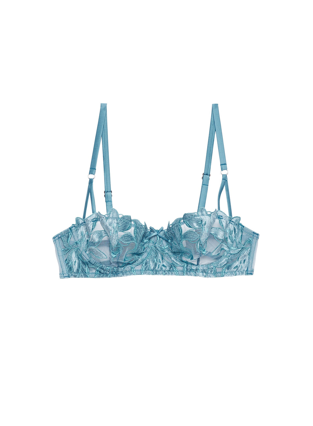 Velvet Icy Teal Lily Embroidery Balconette Bra | Fleur du Mal