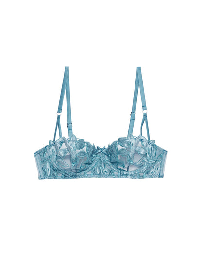 Velvet Icy Teal Lily Embroidery Balconette Bra | Fleur du Mal