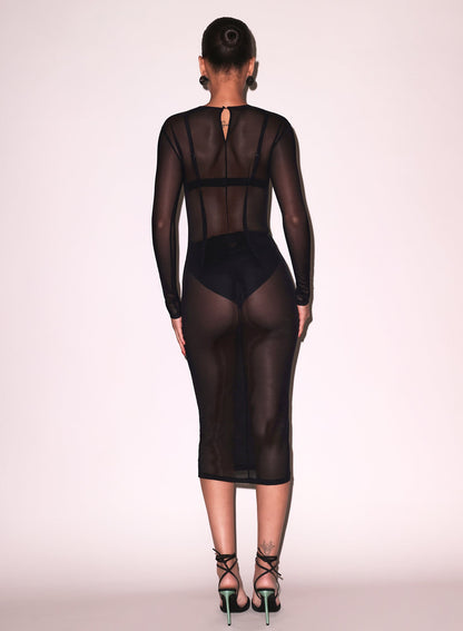 Black Mesh Long Sleeve Midi Dress | Fleur du Mal