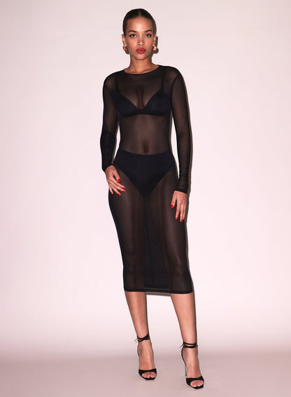 Black Mesh Long Sleeve Midi Dress | Fleur du Mal