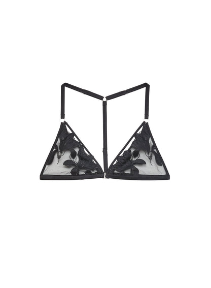 Black Lily Embroidery T-Back Racer Triangle Bra | Fleur du Mal
