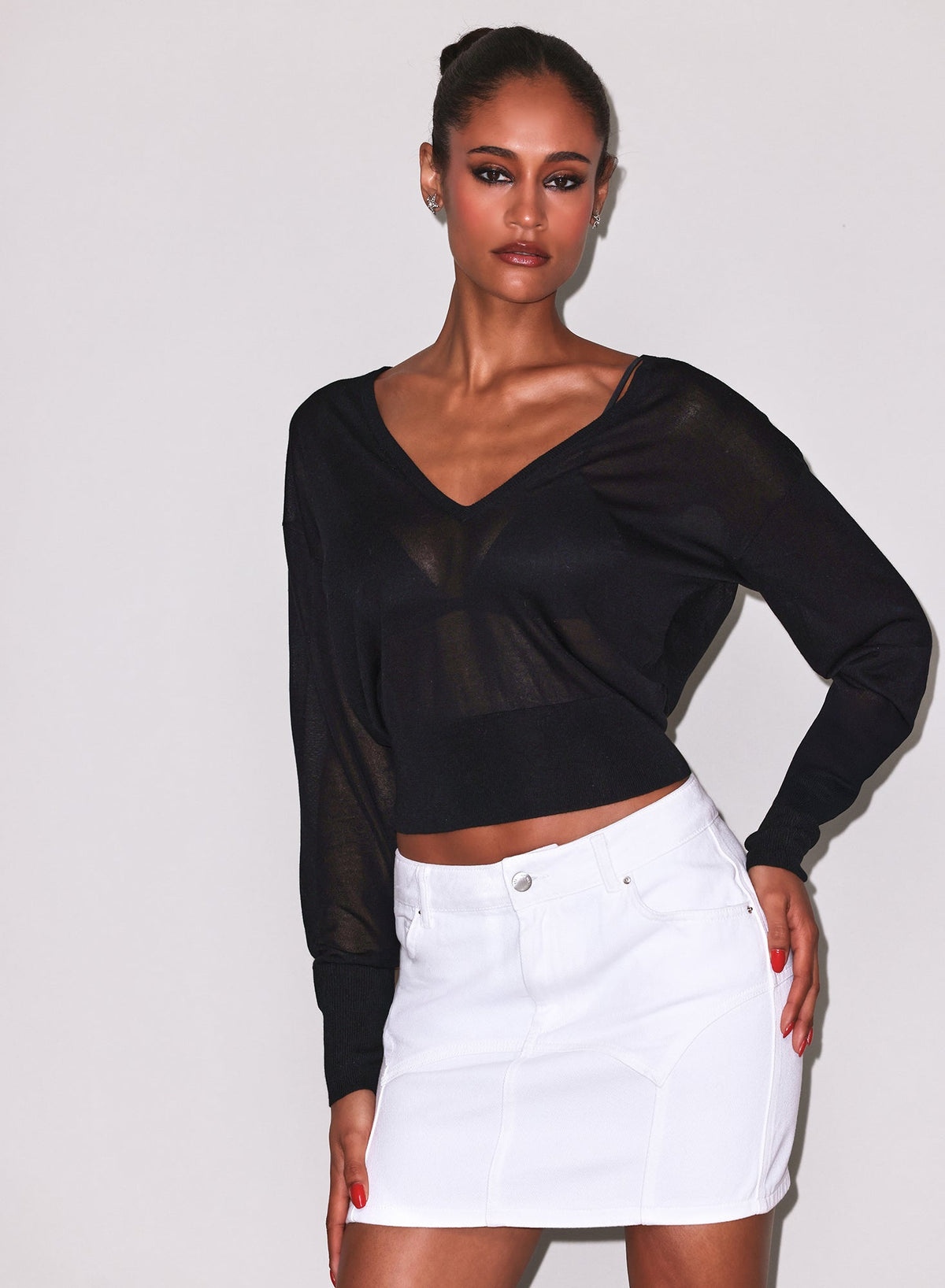 Black Sheer Knit V-Neck Sweater | Fleur du Mal