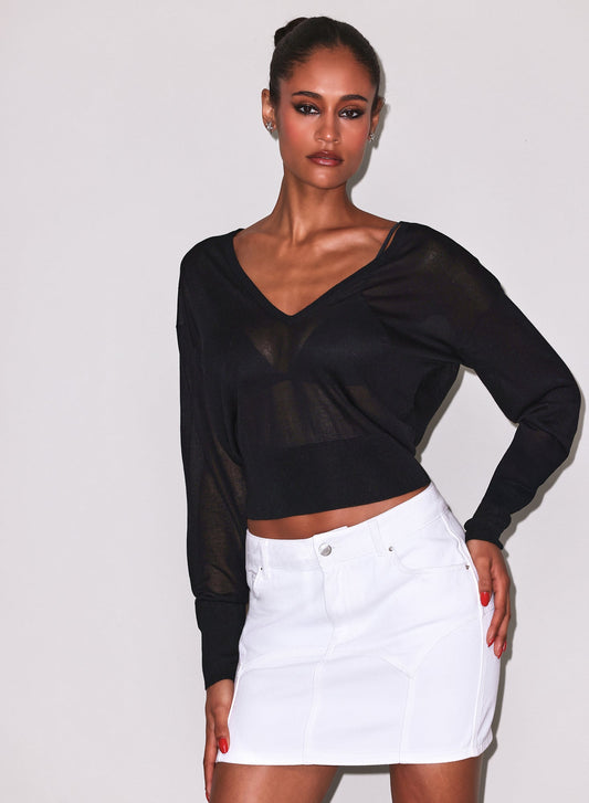 Black Sheer Knit V-Neck Sweater | Fleur du Mal