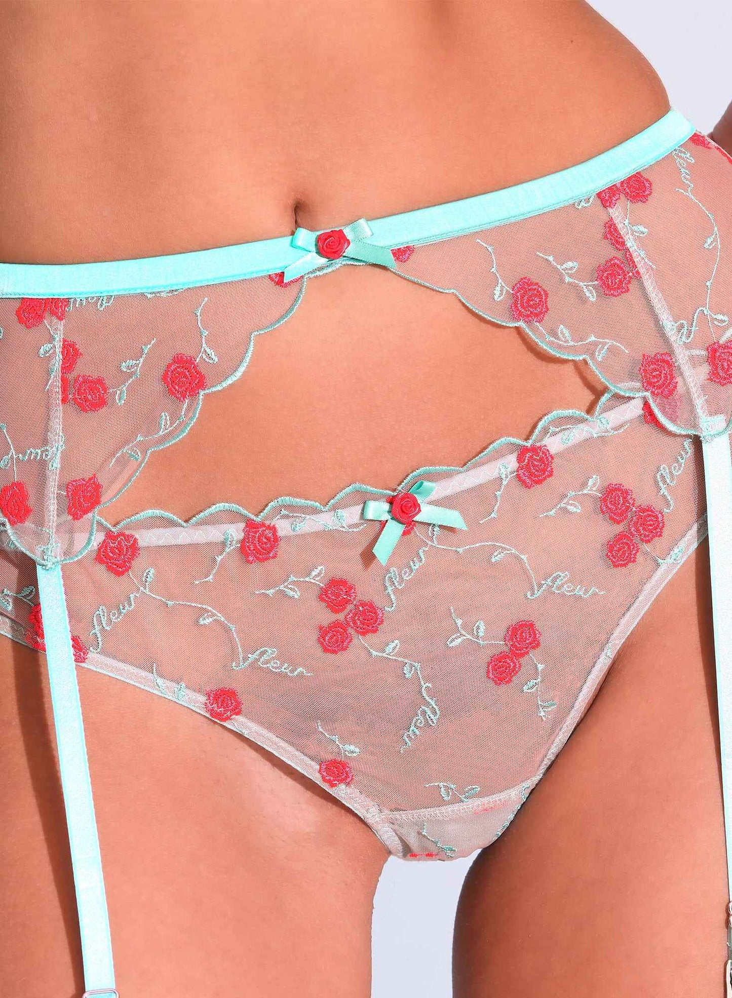 Mint Rose & Vine Embroidery Garter Belt | Fleur du Mal