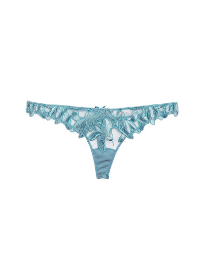 Velvet Icy Teal Lily Embroidery Hipster Thong | Fleur du Mal