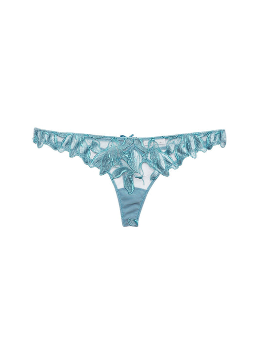 Velvet Icy Teal Lily Embroidery Hipster Thong | Fleur du Mal