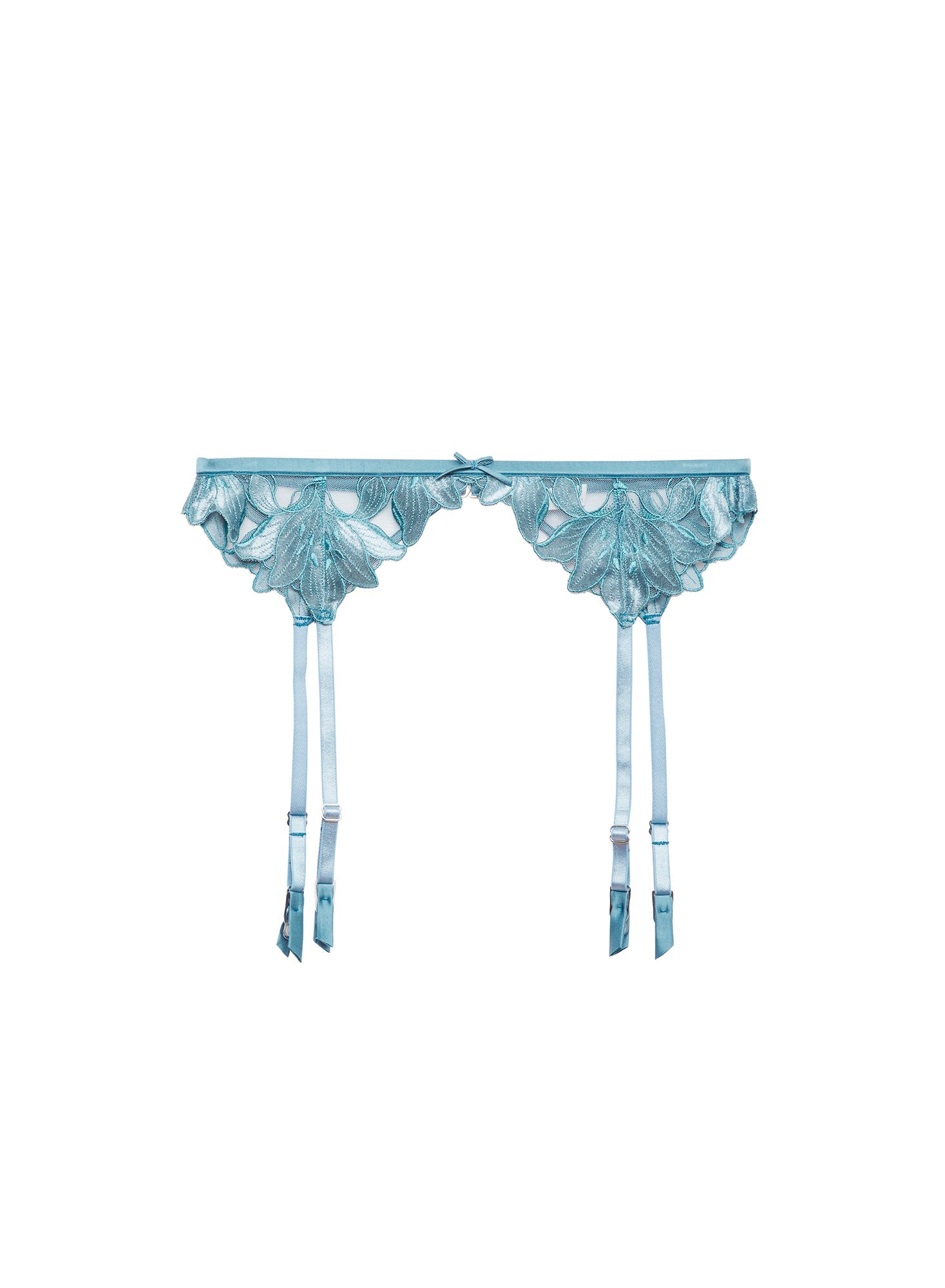 Icy Teal Velvet Lily Embroidery Garter Belt | Fleur du Mal
