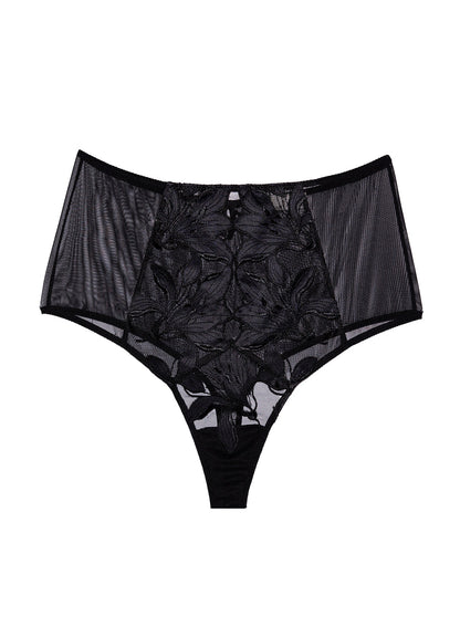 Black Lily Embroidery High Waist Thong | Fleur du Mal