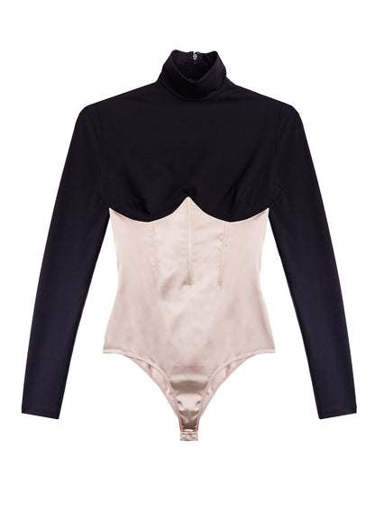 Black Bone Mock Neck Long Sleeve Bodysuit | Fleur du Mal
