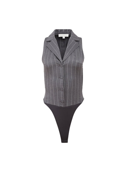 Dark Grey Pinstripe Maxwell Vest Bodysuit | Fleur du Mal